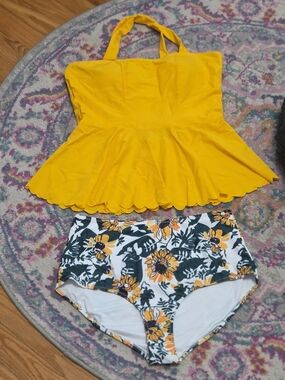 Yellow Peplum Tankini Top with Floral High-Waist Bottoms - Kids